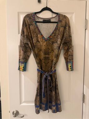 Custo Barcelona Brown Printed V-Neck Dress with Colorful Trim